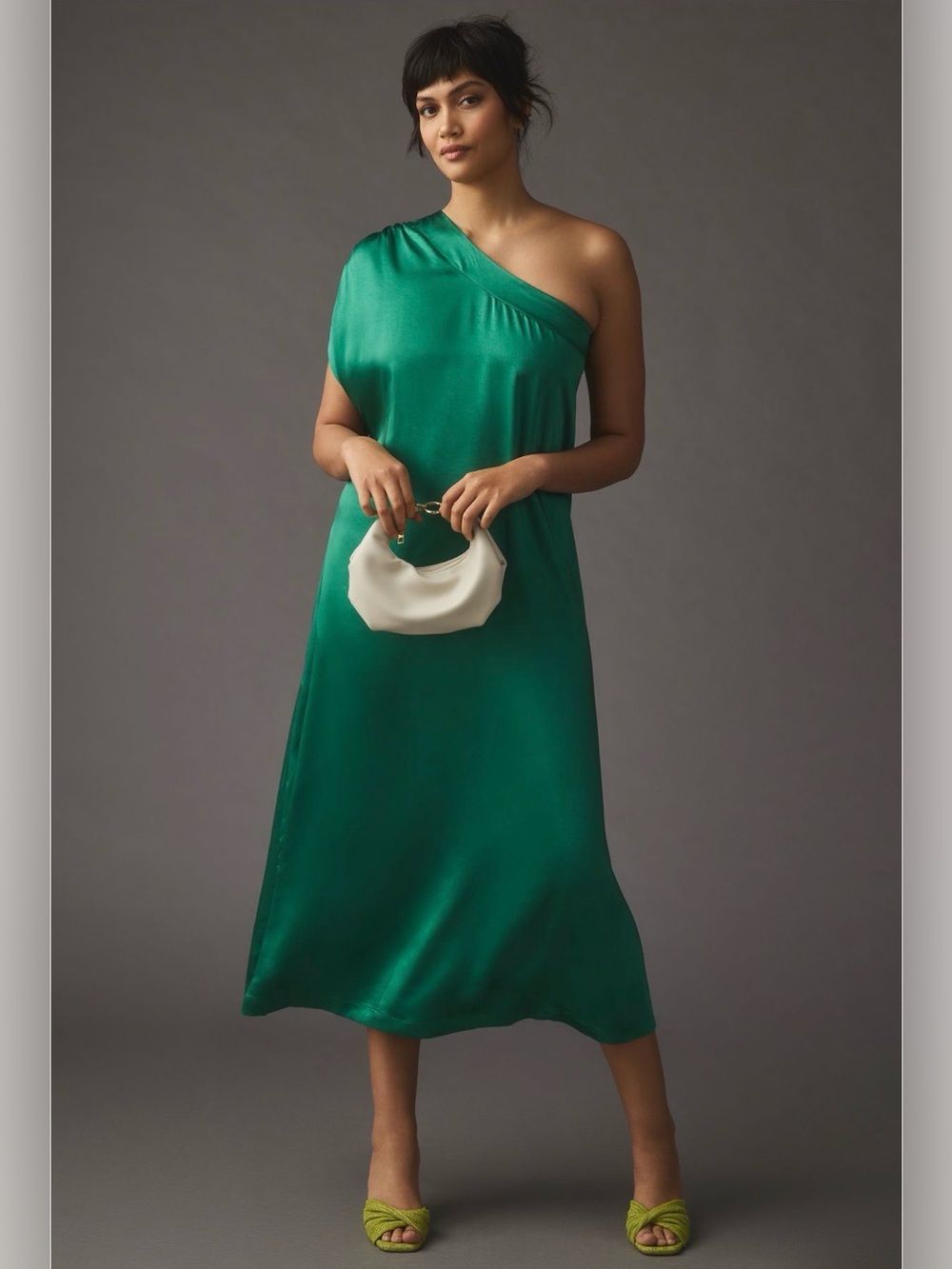 Anthropologie Porridge One-Shoulder Emerald Green Satin Dress- Size M